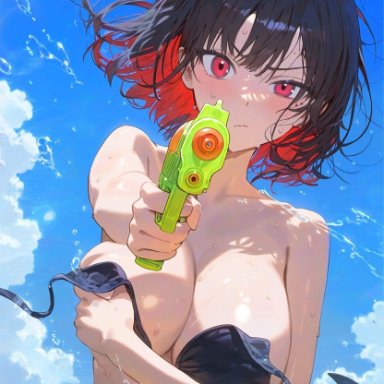 zenless zone zero, ellen joe, aiming, bikini, bikini top, black hair, breasts, busty, covering breasts, large breasts, looking at viewer, monster girl, pointing at viewer, red eyes, shark