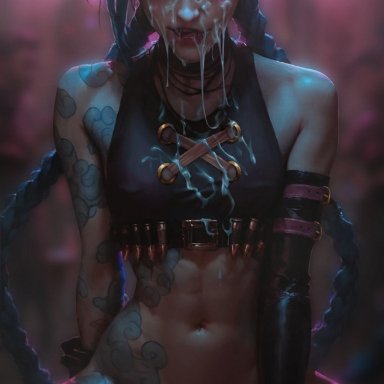 arcane, league of legends, riot games, arcane jinx, jinx (league of legends), sinforge, 1girls, blue hair, bottomless, cowgirl position, cum, cum drip, cum in mouth, cum in pussy, cum on breasts