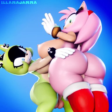 sega, sonic (series), sonic the hedgehog (series), amy rose, surge the tenrec, illamajamma, 1futa, 1girls, accessory, afrosoricid, balls, blue eyes, boots, bracelet, breasts