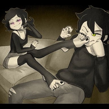 the coffin of andy and leyley, andrew graves, ashley graves, artist request, 1boy1girl, annoyed expression, assertive female, beautiful female, best girl, black hair, black nail polish, black outfit, black toenails, blush, blushing male