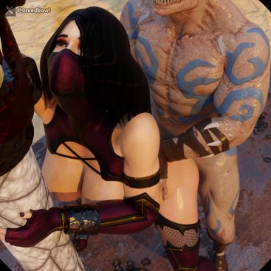 mortal kombat, mortal kombat (2011), mortal kombat x, baraka, goro, mileena, mileena (mk9), breedbowl, 1girls, 2boys, arena, ass ripple, balls, bottomless, broken chain