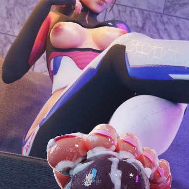 overwatch, overwatch 2, d.va, kanjiartwork, kanjihentai, black penis, bodysuit, boob window, breasts, brown eyes, brown hair, cum, cum on body, cum on feet, dark-skinned male