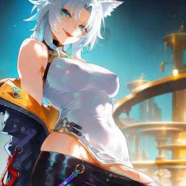 honkai (series), honkai: star rail, mihoyo, feixiao (honkai: star rail), a1exwell, erection under clothes, fox ears, fox girl, futanari, large penis, penis, penis peek, testicles, ai generated, stable diffusion