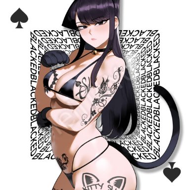 blacked, komi-san wa komyushou desu, komi shouko, helltoyou, bikini, black hair, blacked tattoo, cat ears, cat tail, catgirl, female, female only, light skin, light-skinned female, poker cards