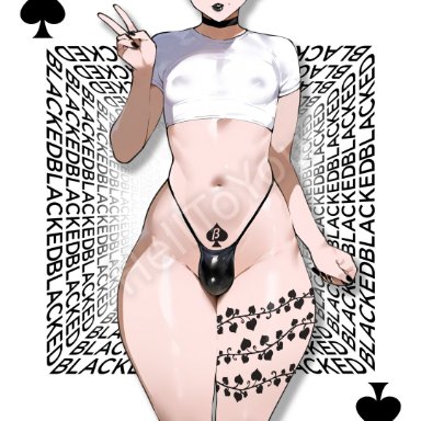 blacked, nier: automata, yorha 9s, helltoyou, 1boy, femboy, light-skinned male, little penis, male, peace sign, poker cards, queen of spades, tattoo, thick thighs, thighs