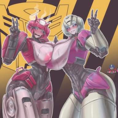 transformers, transformers one, arcee, elita one, 2girls, blush, blushing, breasts to breasts, breasts together, cervilcerkhead, lip biting, looking at viewer, peace sign, robot girl