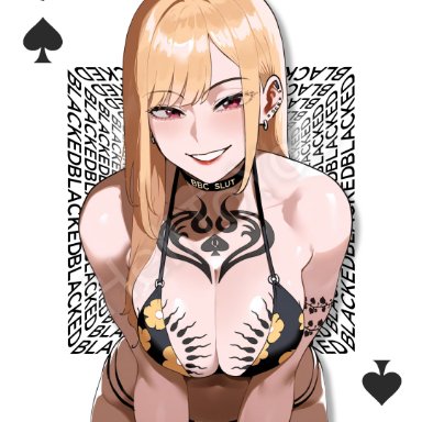 blacked, sono bisque doll wa koi wo suru, kitagawa marin, helltoyou, 1girls, bikini, blonde female, blonde hair, female, female only, human, piercing, pink eyes, poker cards, queen of spades