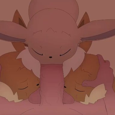 pokemon, eevee, pokemon (species), shiny eevee, shiny pokemon, talentlesshack, 1boy, ambiguous gender, balls, closed eyes, collaborative fellatio, erect penis, fellatio, feral, furry