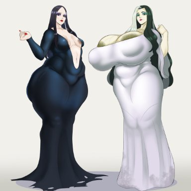 the addams family, the munsters, lily munster, morticia addams, sunnysundown, 2girls, ass bigger than breasts, ass size difference, ass vs breasts, big breasts, black hair, black nail polish, bottom heavy, breast size difference, breasts bigger than ass