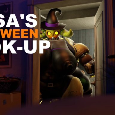 halloween, overwatch, orisa, snips456fur, 1boy, 1boy1girl, 1girls, 4 legs, anal, anal sex, bbw, big areola, big ass, big balls, big belly