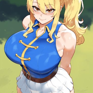 fairy tail, lucy heartfilia, juuicyai, armpits, blonde hair, blush, breasts, brown eyes, dark-skinned male, female, huge breasts, massive ass, massive breasts, sweat, thicc thighs