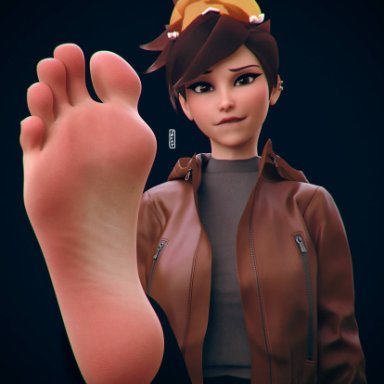 foot, overwatch, tracer, fcat, featherycat, 1girls, biting lip, cute, feet, female, female focus, female only, foot fetish, foot focus, light-skinned female