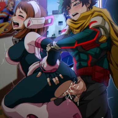 boku no hero academia, my hero academia, izuku midoriya, ochako uraraka, kaw3r, ass, blush, bodysuit, brown eyes, closed eyes, clothed sex, cum, cum in pussy, cum inside, ejaculation