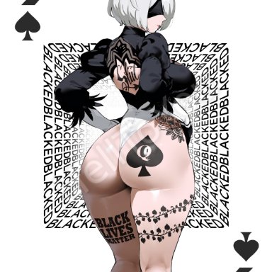 blacked, nier: automata, yorha 2b, helltoyou, 1girls, ass, bandage, blacked tattoo, female, female only, light-skinned female, poker cards, queen of spades, tattoo, white hair