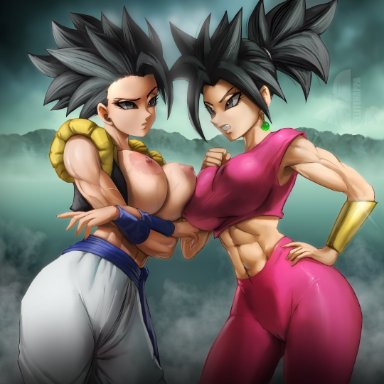 dragon ball, dragon ball super, caule, kefla, elitenappa, 2girls, abs, areolae, big breasts, breast press, breasts, breasts out, clothing, ear piercing, earrings