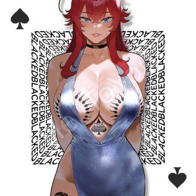 blacked, high school dxd, rias gremory, helltoyou, 1girls, blue eyes, breasts, dress, female, female only, luxury, poker cards, red hair, smile, sperm cell