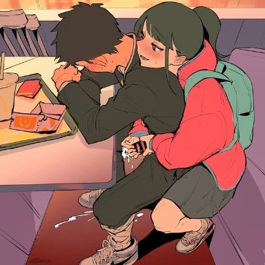 mcdonald's, 1boy, 1boy1girl, 1girls, ankle socks, anklehighs, blush lines, blushing, blushing female, blushing male, blushing profusely, boyfriend, boyfriend-girlfriend, couple, couple art