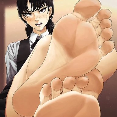 chainsaw man, mitaka asa, 1girls, barefoot, black hair, blush lines, blushing female, body worship, cute dom, feet, feet on desk, feet on table, feet up, female, female focus