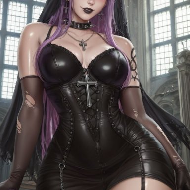 original character, secret room12, black lipstick, choker, female, gloves, goth, goth girl, gothic, long hair, nun, purple eyes, purple hair, shiny skin, standing