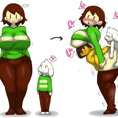 undertale, undertale (series), asriel, chara, chara (undertale), frisk, frisk (undertale), enigi09, 1girls, 2boys, big breasts, blush, dreemurr, goat, heart