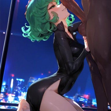 one-punch man, tatsumaki, geo-san, geosan, 1boy, 1girls, abs, balls, bare legs, bare thighs, big penis, blush, dark skin, dark-skinned male, female