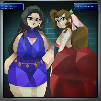 final fantasy vii, aerith gainsborough, tifa lockhart, captain kirb, 2girls, ass, big ass, big breasts, black hair, bottom heavy, breasts, brown hair, bubble butt, busty, cleavage