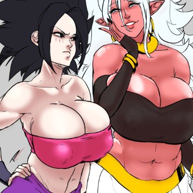 dragon ball, dragon ball fighterz, dragon ball super, android 21, caulifla, majin android 21, fakeryway, pleasure castle, 2girls, breast squeeze, breasts, breasts bigger than head, busty, curvy, female saiyan