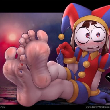 the amazing digital circus, pomni, kaylafox, 1girls, bangs, barefoot, blush, brown hair, embarrassed, eyelashes, eyeshadow, feet, female, female only, foot fetish