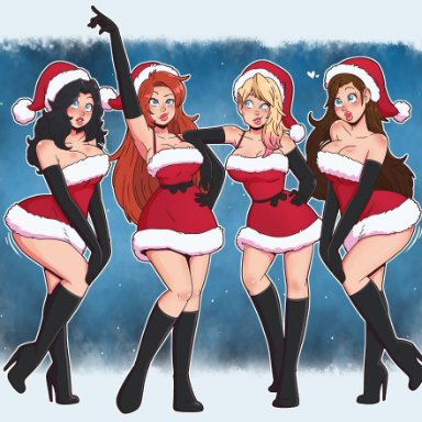 marvel, mean girls, spider-man (series), cassie lang, gwen stacy, kate bishop, mary jane watson, wrenzephyr2, 4girls, bimbo, bimbo lips, christmas outfit, heel boots