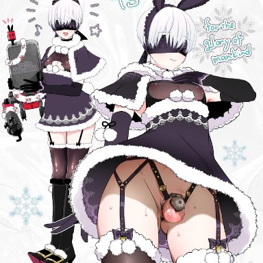 nier (series), nier: automata, pod (nier), yorha 9s, nagano rira, 1boy, alternate costume, animal ears, ass visible through thighs, black blindfold, black footwear, black gloves, blindfold, boots, brown thighhighs