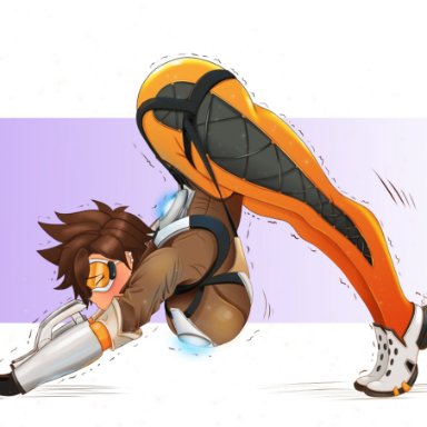 overwatch, overwatch 2, tracer, happyfoxart, 1girls, ass up, bent over, clothed, female, tight clothing