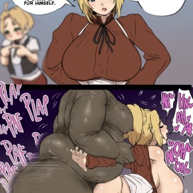 mushoku tensei, zenith greyrat, raizengax, 1girls, 2boys, big ass, blonde hair, cucked by bully, cuckold, dark skin, dark-skinned male, female, from behind, interracial, large breasts