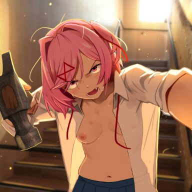 doki doki literature club, khyleri, 1girls, angry, angry face, belly, belly button, blush, blushing, cleavage, covered nipples, cute, female, female only, funny