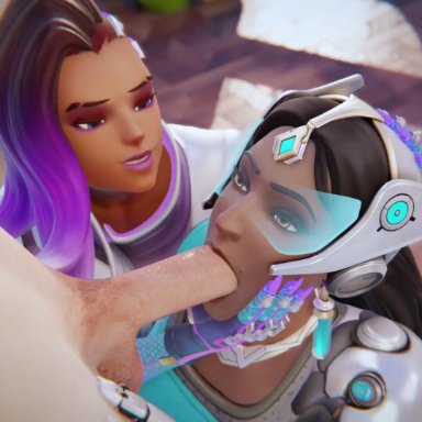 overwatch, sombra, symmetra, cawneil, 1boy, 2girls, assisted fellatio, dark skin, dark-skinned female, fellatio, ffm threesome, interracial, latina, latina female, light skin