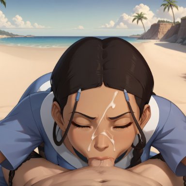 avatar legends, avatar the last airbender, nickelodeon, nicktoons, katara, rule34lab, 1boy, 1boy1girl, 1girls, beach, black hair, blowjob, blue shirt, blue sky, braid