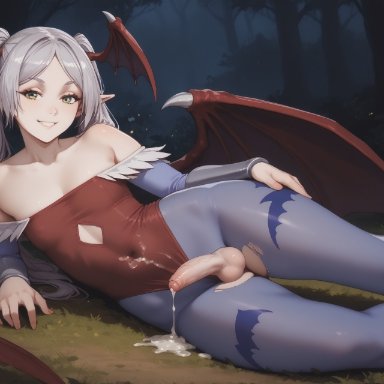 darkstalkers, frieren beyond journey's end, sousou no frieren, frieren, lilith (darkstalkers) (cosplay), lilith aensland (cosplay), jouthechou, 1futa, after sex, animal print, bat print, cum, cum drip, cum on stomach, elf