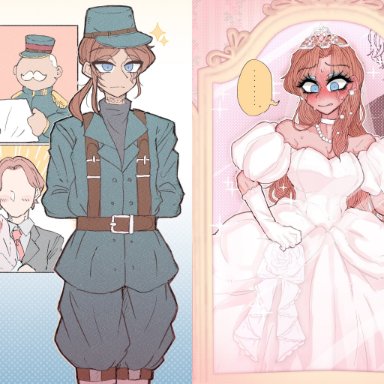 ainsliesentry, mmgoto, 1boy, before and after, blush, crossdressing, crown, dress, femboy, feminine male, feminization, jewelry, makeup, military uniform, otokonoko