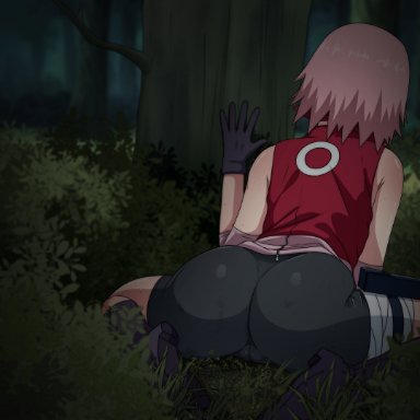 naruto, naruto (series), naruto shippuden, sakura haruno, noxdsa, 1girls, against tree, ass, ass focus, behind tree, being watched, big ass, bike shorts, boots, bubble ass