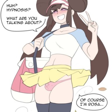 pokemon, rosa (pokemon), sealguy, 1boy, bag, brown hair, bulge, choker, cosplay, crossdressing, crossplay, femboy, hypnosis, identity death, impersonation