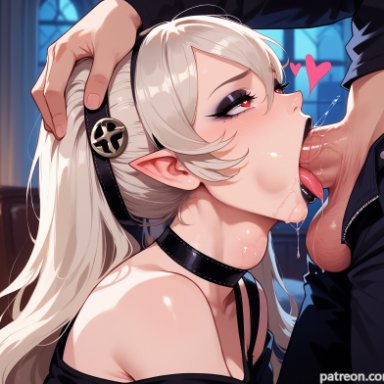 fire emblem, corrin (female) (fire emblem), corrin (fire emblem), corrin (fire emblem) (female), balecxi, 1boy, black choker, black lips, blush, deepthroat, eyeshadow, fellatio, female, hairband, heart